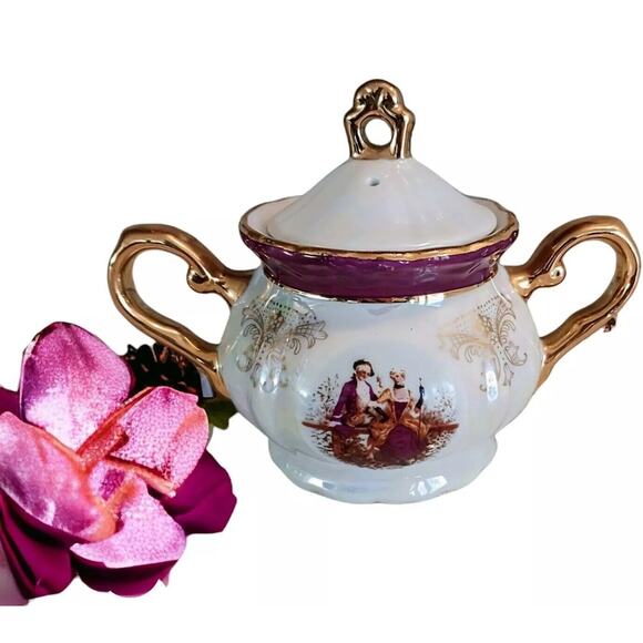 GNA Fine Porcelain Sugar Bowl w Lid 24k Hand Painted Victorian Iridescent Vintag - Picture 1 of 11